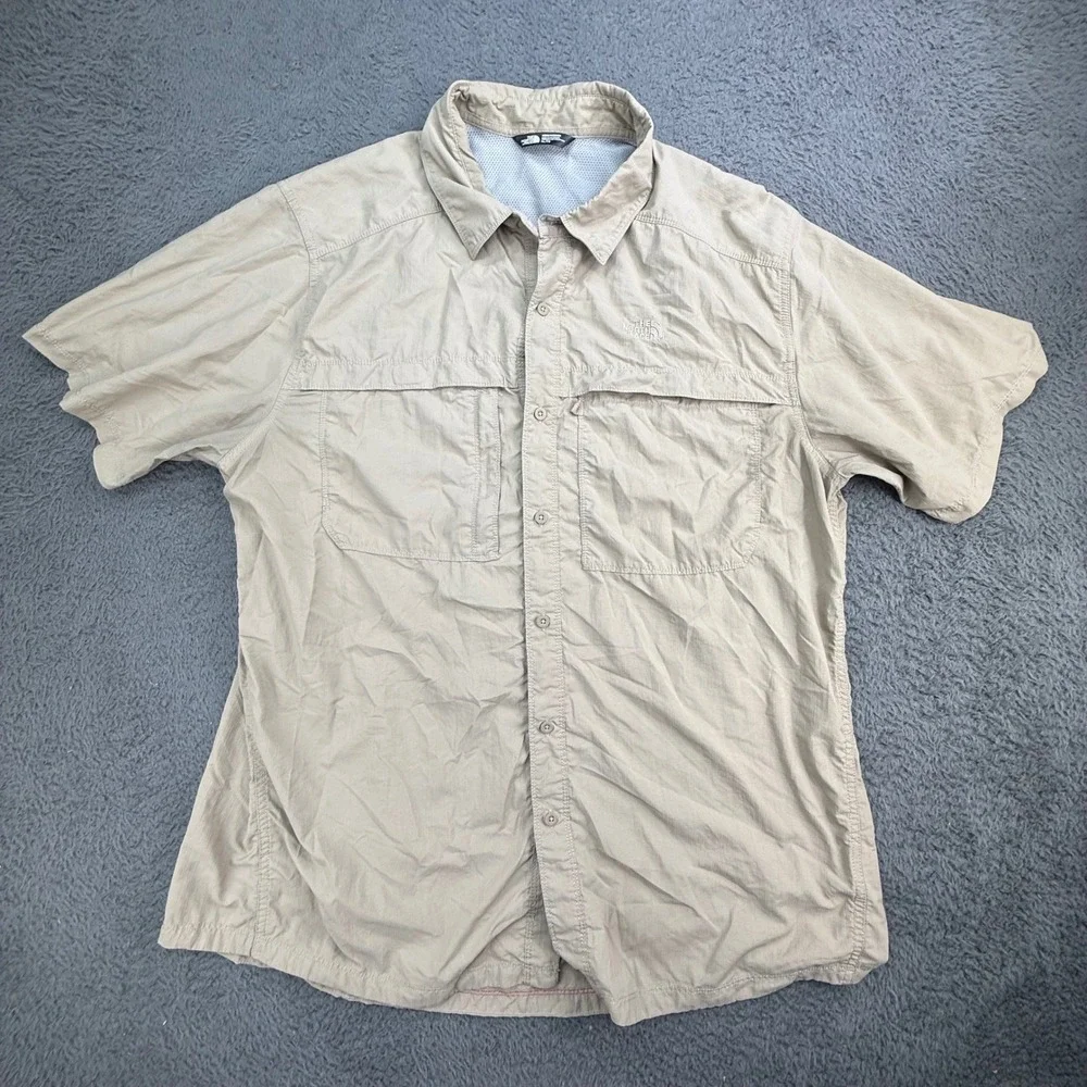 The North Face Button Up Shirt Mens XL Tan Short Sleeve Hiking Ripstop Vent